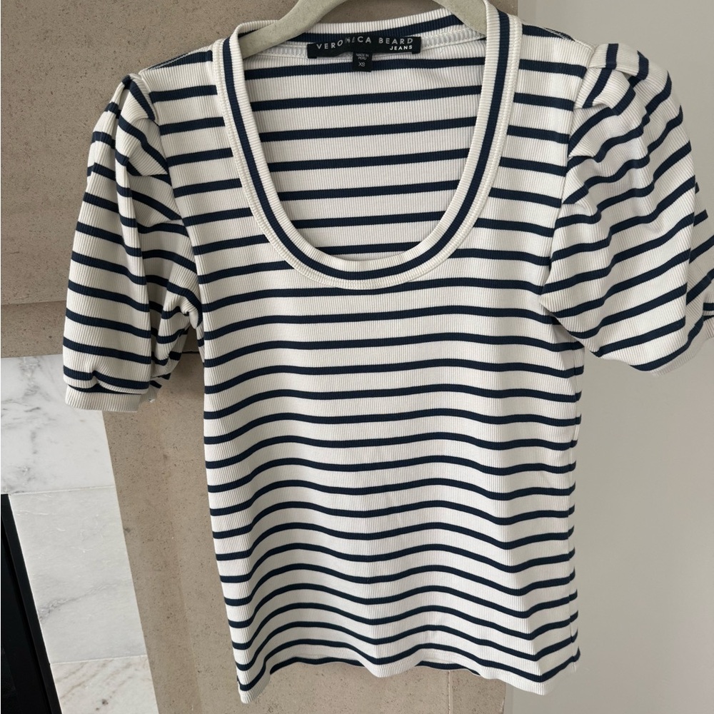 Veronica Beard Navy and White Striped Short Sleeve Top